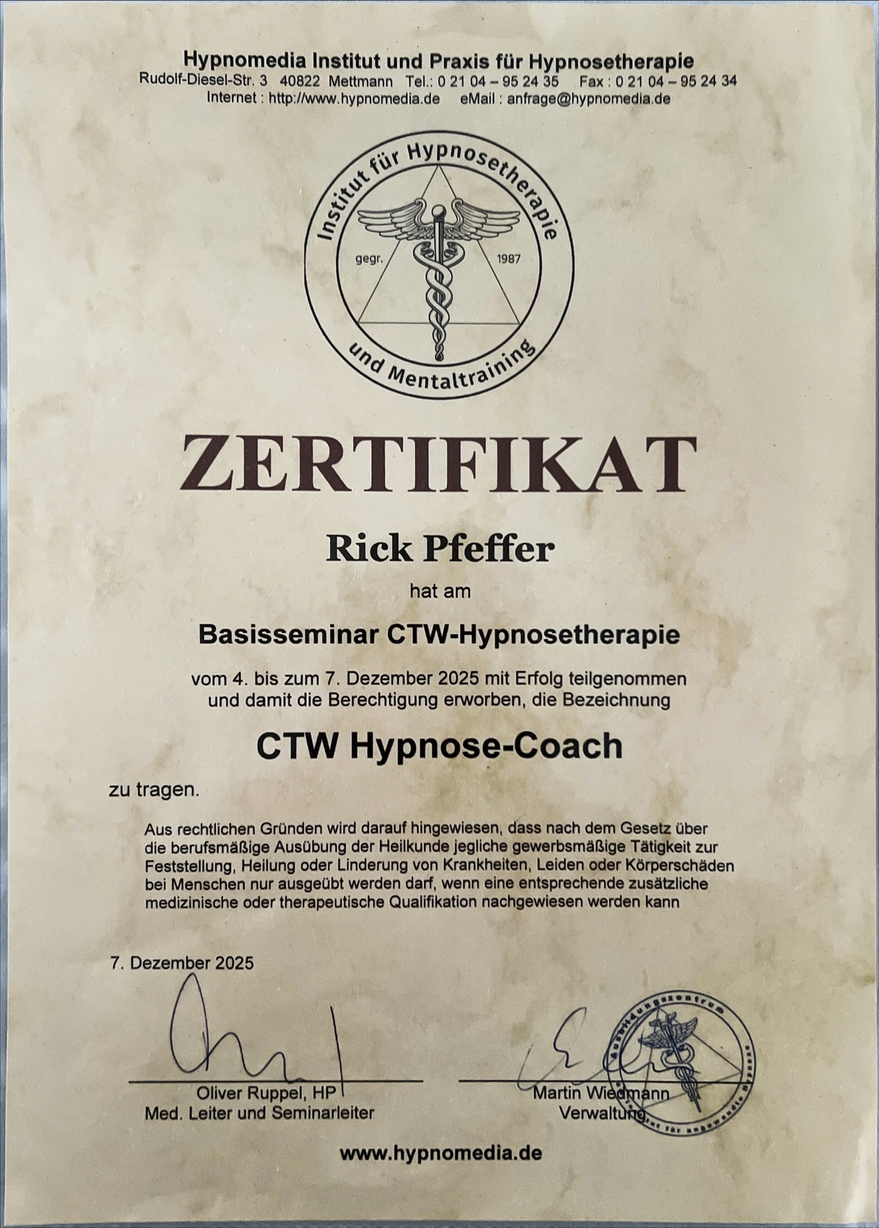 Zertifikat Hypnose Coach